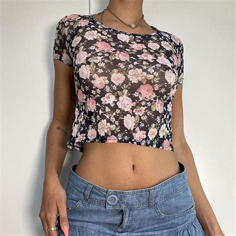 Y2k Mesh Floral Crop Top Top Is Mesh Navy With Depop