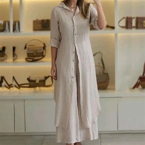 Spring Autumn Cotton Linen Loose Piece Sets Casual Button Long