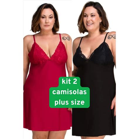 Kit 2 Camisolas Plus Size Sensual Sem Bojo Detalhe Em Renda Lingerie Feminina Pijama Sexy Linha