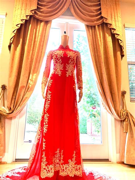 Red Ao Dai Vietnamese Traditional Wedding Dress With Gold Etsy