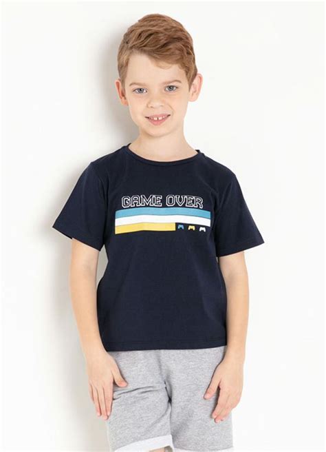 Camiseta Infantil Marinho Estampa Frontal Queima De Estoque