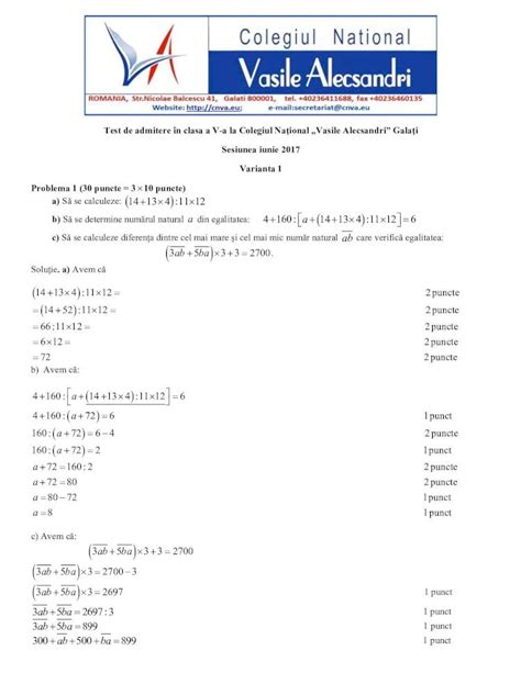 PDF Test de admitere în clasa a V a la Colegiul Naţional Vasile