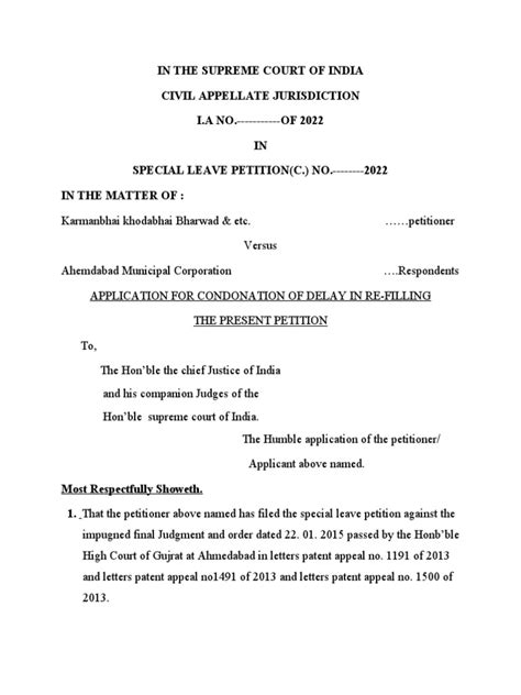 Application For Condonation Of Delay In Re Filling The Present Petition