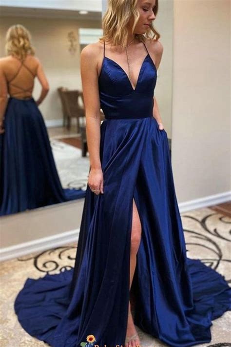 Sexy Slit Navy Blue Criss Cross Back Prom Dress Shopperboard