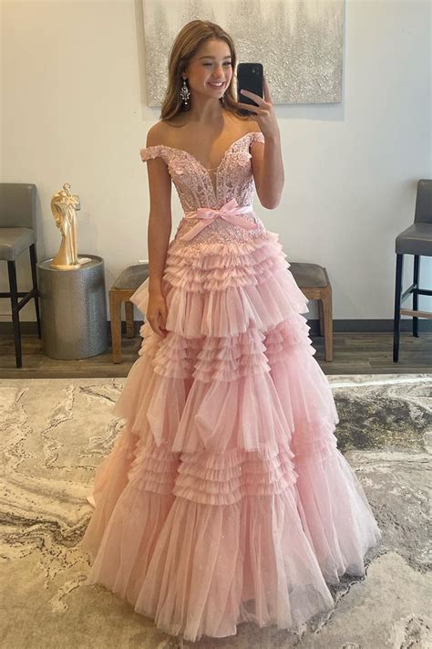 Pink Tulle Lace Off The Shoulder Ruffles Tiered Long Prom Dress