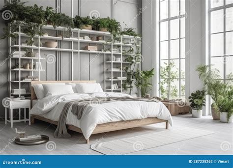 Cozy Bright Bedroom With Indoor Plants Stock Illustration