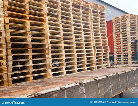 Wooden Pallets Stack On The Truck At The Freight Cargo Warehouse For