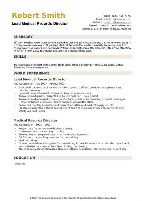 Medical Records Director Resume Samples Qwikresume