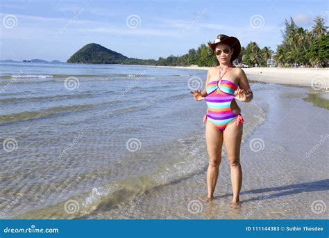 Woman Show Body Bikini And Blue Sky On Beach Stock Image Image Of