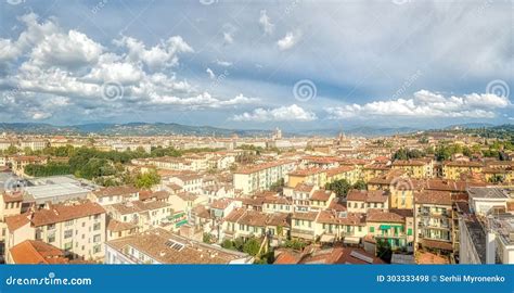 Florence Firenze Aerial Panoramic Shot From Drone At The Day Stock