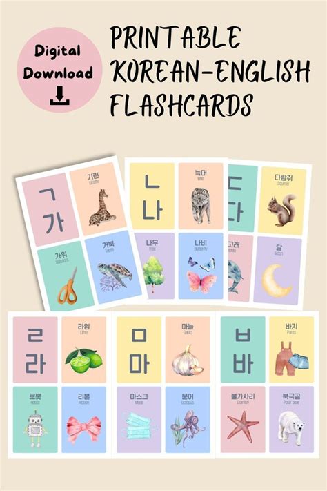 Korean Hangeul Flashcards Hangul Watercolor Cards Learning Korean