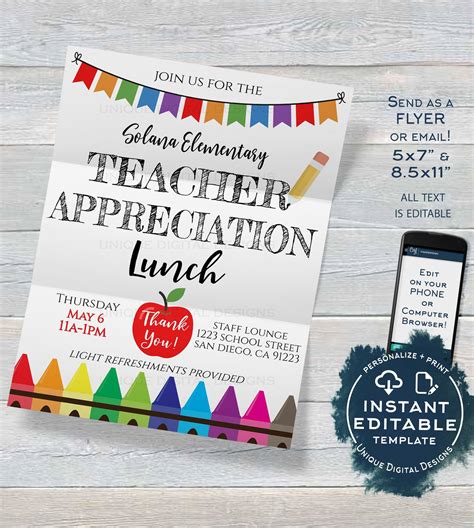Teacher Appreciation Lunch School Invitation Editable School Staff Ap