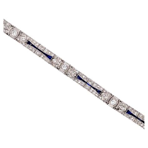 French Art Deco Platinum Diamond And Calibre Sapphire Bracelet For Sale