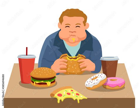 Fat Boy Eating Junk Food Unhealthy Food Vector Illustration Stock