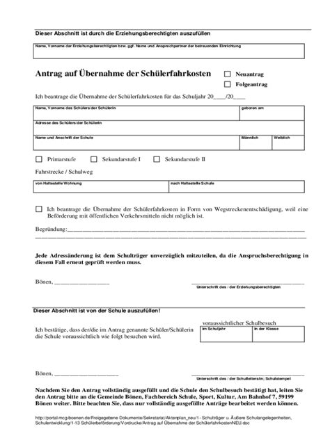 Ausf Llbar Online Antrag Auf Bernahme Der Schlerfahrkosten Fax Email