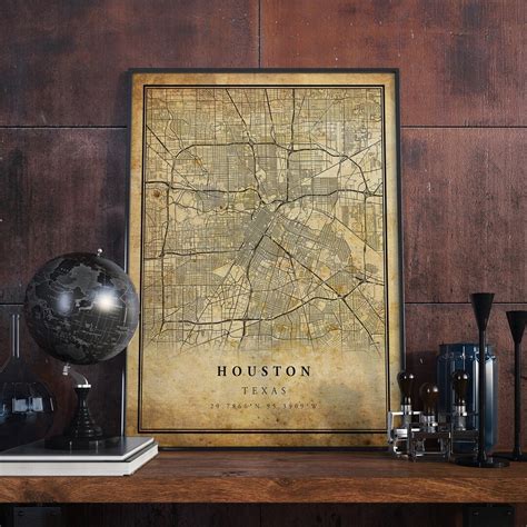 Houston Vintage Map Poster Wall Art City Artwork Print Antique, Rustic ...