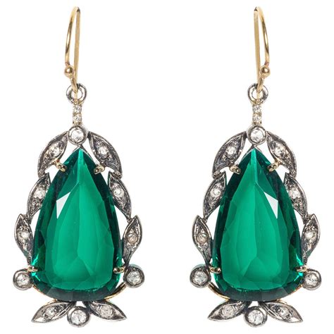 Romantic Diamond Antique Emerald Paste Drop Earrings For Sale At