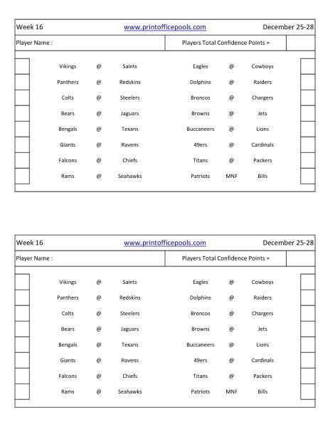 2021 Nfl Football Confidence Pool Sheet Week 16 Nfl Football Season