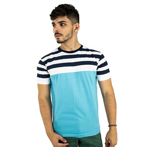 Camiseta Básica Masculina Azul Claro Listrada Blitz COMPRE ROUPA