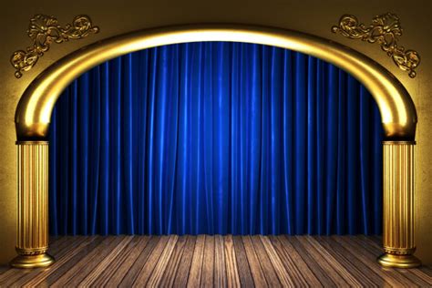 Blue Fabric Curtain On Golden Stage Stock Image Everypixel