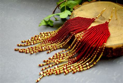 Long Fringe Beaded Red Gold Earrings Seed Bead Earings Etsy Gold