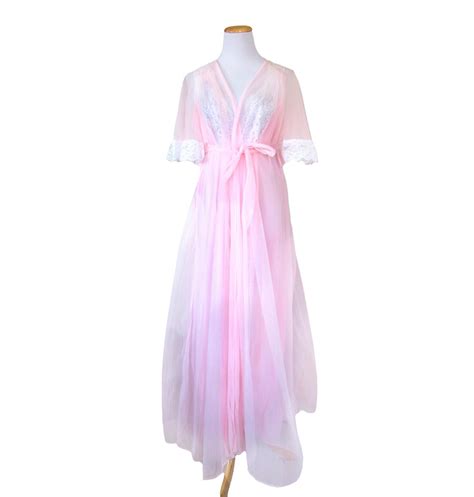 Vintage Miss Elaine Peignoir Set Pink Sheer Chiffon Robe With Angel Sleeves Pink Lingerie