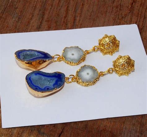 Kt Gold Electroplated Blue Druzy Geode White Etsy Blue