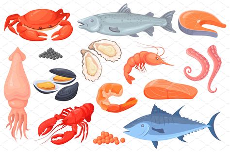 Cartoon Raw Seafood Sea Fish Masterbundles