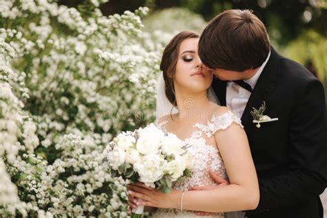 Handsome Groom Hug His Bride In Their Wedding Day Background Of