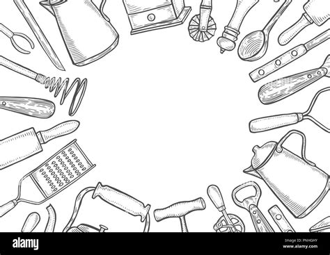 Background Of Kitchen Utensils Set Vector Large Collection Hand Drawn