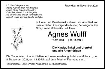 Traueranzeigen Von Agnes Wulff S Dwest Presse Trauer