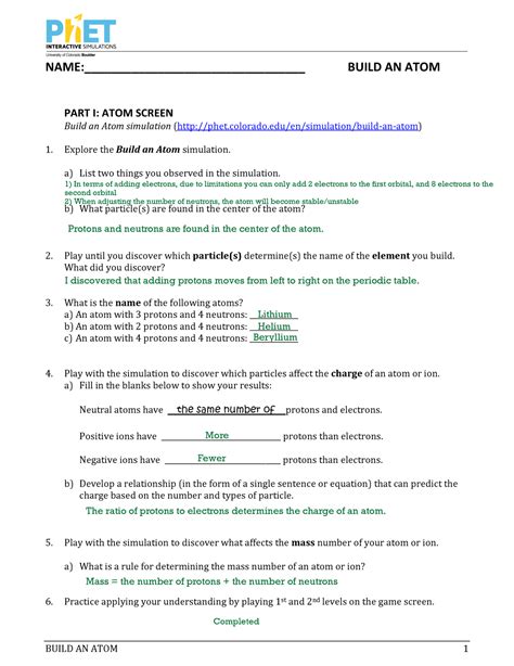 Build An Atom Simulation Answer Key Phet Build An Atom Works