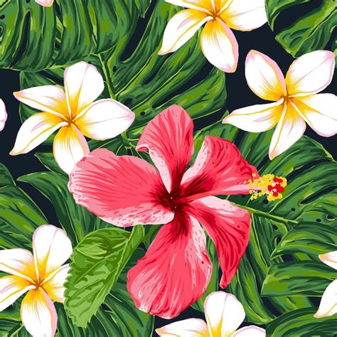 Premium Vector Seamless Pattern Hibiscus And Frangipani Flowers