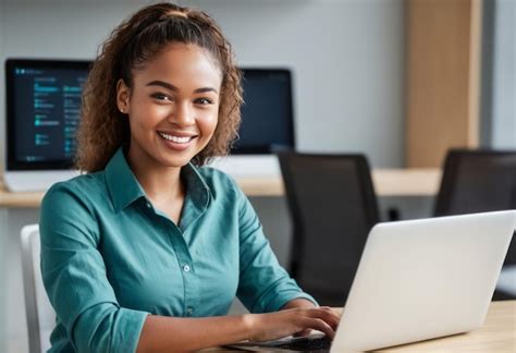 Premium Photo Woman Programmer Working On Laptop In Tech Office