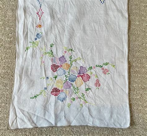 Vintage Table Runner Hand Embroidered Linen With Cross Stitch Flowers