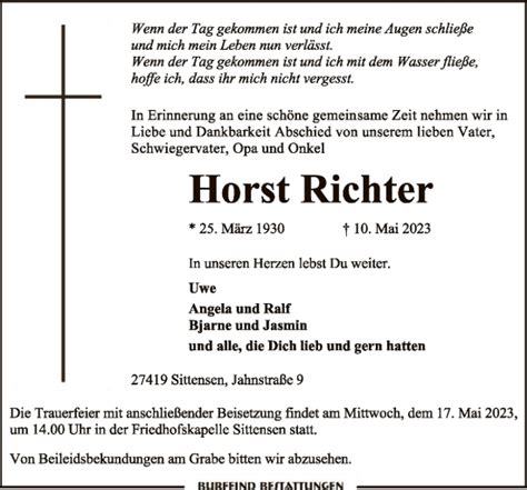 Traueranzeigen Von Horst Richter Trauer Kreiszeitung De