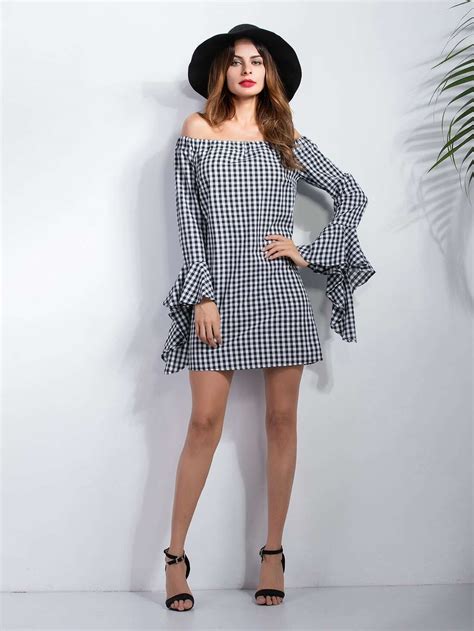 Check Plaid Off The Shoulder Bell Sleeve Dress Shein Sheinside