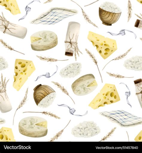 Watercolor Dairy Products Seamless Pattern Cheeses