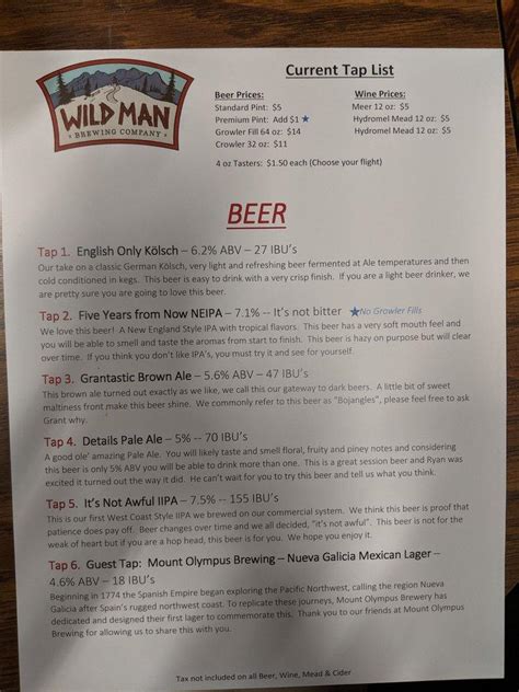 Menu at Wild Man Brewing Company restaurant, Raymond