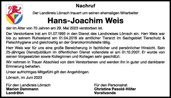 Traueranzeigen von Hans Joachim Weis Schwarzwälder Bote Trauer