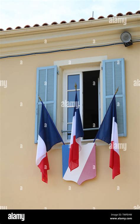 French Tricolor Flags On The Town Hall La Mairie Of Castellar In