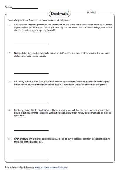 Decimal Word Problems Worksheets