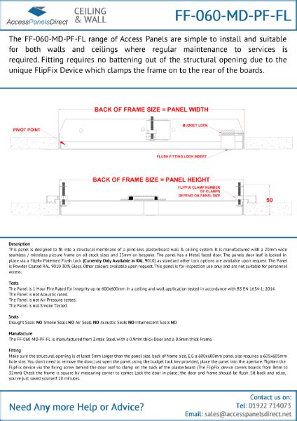 FlipFix 1hr Fire Rated Access Panel Datasheet Access Panels Direct