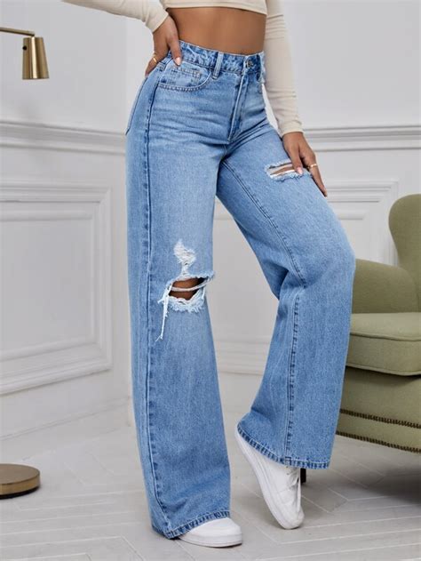 SHEIN EZwear Jeans Desgarro De Pierna Ancha De Talle Alto Moda De