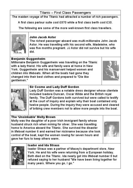 Titanic- First Class Passengers Worksheet for 6th - 7th Grade | Lesson ...