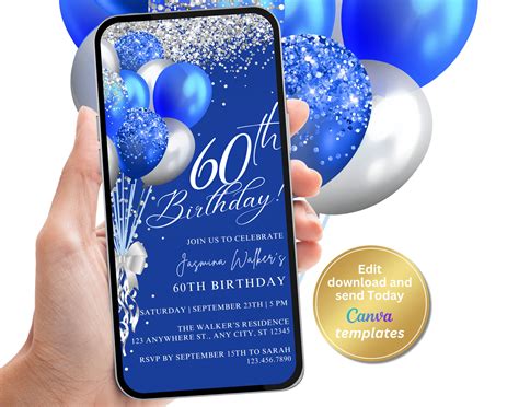 Digital 60th Birthday Party Invitation Royal Blue Silver Sapphire Blue Phone Text Message