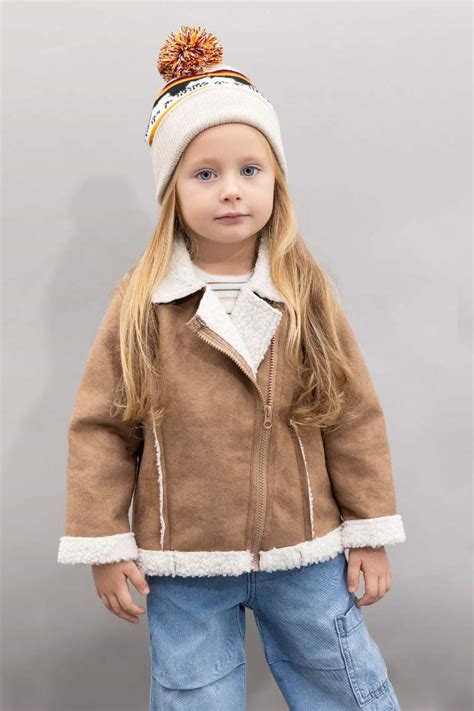 Cru Petite Fille Veste Col En V Doubl En Fausse Fourrure Avec