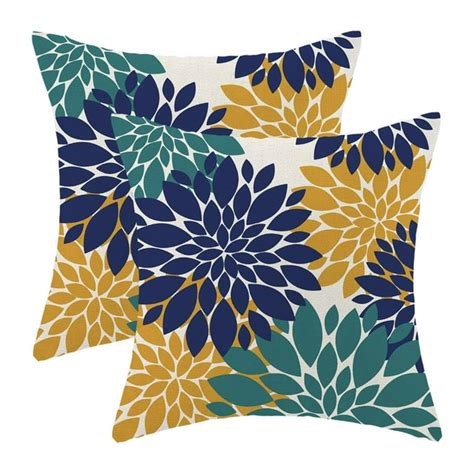 Navy Blue Summer Outdoor Pillow Covers 20x20 Inch Set Of 2 Aqua Teal Mustard Yellow Dahlia