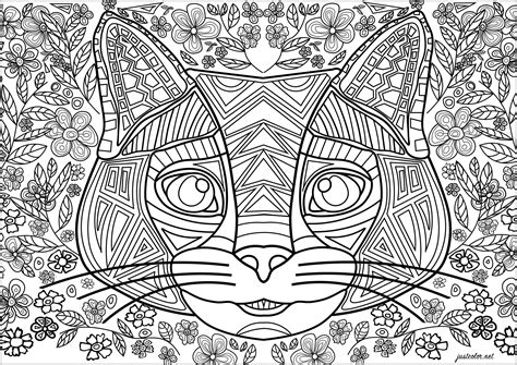 Cat Head Formed By Regular Lines With Flowered Background Cats Adult