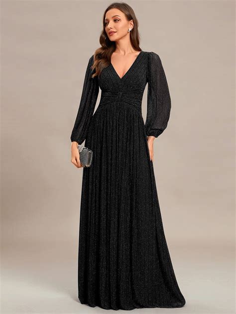 Long Sleeve Shimmery Evening Dress With Flowing Pleats Ever Pretty Uk